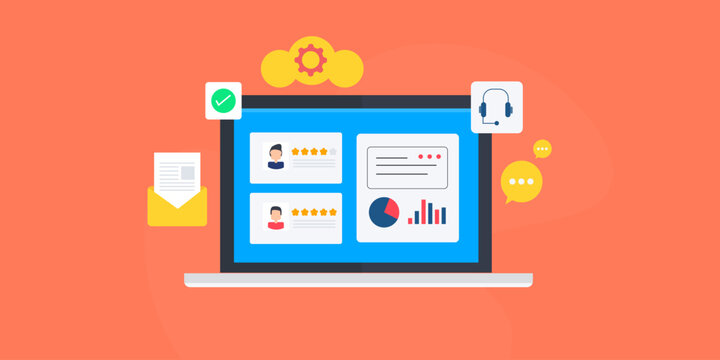 CRM, customer management software, CRM software, Company management app, customer relationship management, vector illustration with icons