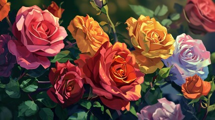  a painting of a bunch of roses in a bouquet with green leaves and red, yellow, pink, and purple flowers.
