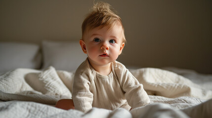 Fototapeta premium Cheerful baby sitting up on a white blanket, smiling widely, and exuding joy and innocence.