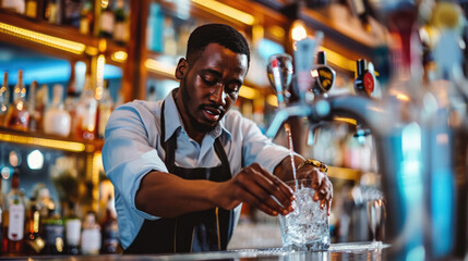 Focused bartender pouring a clear drink from a shaker into a glass filled with ice, with a blurred background featuring a bar environment.