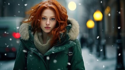 A woman walks through the snowy streets of a big city