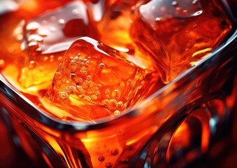 A macro shot of a Tequila Sunrise cocktail, focusing on the intricate details of the ice cubes