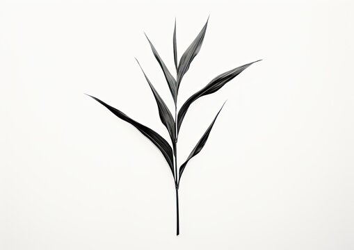 A minimalist composition featuring a single cornstalk against a stark white background. The image