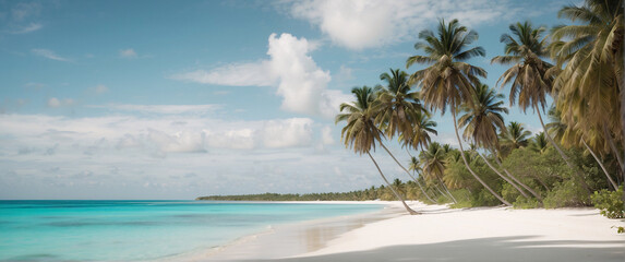 a Caribbean beach with turquoise blue water, white sand and large palm trees, rest concept.