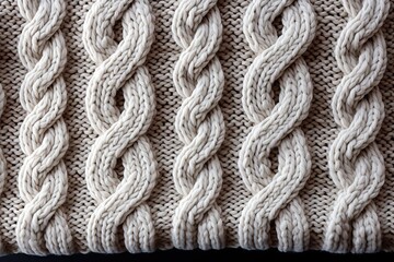Fototapeta na wymiar Knitted wool texture background, cozy and warm fabric patterned surface, soft and fuzzy beige and gray backdrop. Natural wool fabric has a soft and slightly fuzzy texture, nice cozy look.