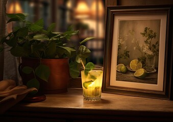 A mojito cocktail being enjoyed in a cozy, candlelit corner of a charming cafe, with vintage