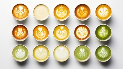 Set with cups of matcha latte and cappuccino with latte art on white, top view