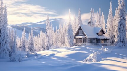 A house in the mountains, a beautiful winter landscape