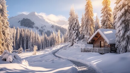 A house in the mountains, a beautiful winter landscape