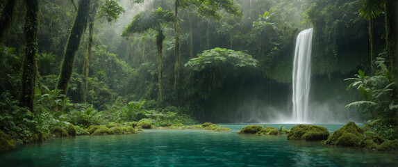 A waterfall in a natural scene in the middle of a green forest with a lake, relax concept
