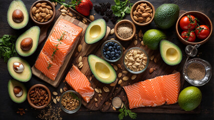 Food sources of omega 3 on dark background with copy space top view. Foods high in fatty acids...