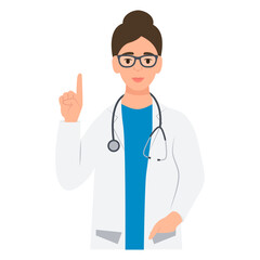 A doctor in glasses points his index finger up.General practitioner in medical uniform with stethoscope. Vector illustration