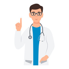 A doctor in glasses points his index finger up.General practitioner in medical uniform with stethoscope. Vector illustration