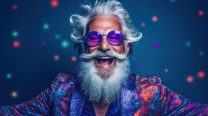 Man with gray beard dancing at party, hipster, concept of positivity, healthy life, lifestyle