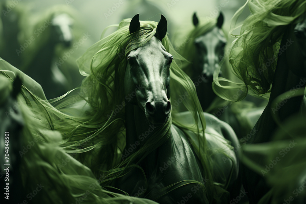 Poster Horses - Rich range and green abstract shapes in a rounded form.