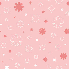 Symmetric flowers and stars on pink background. Geometric outline forms, circles, spots. Girly seamless pattern for wrapping, textile. Vector spring illustration. Feminine decorative wallpaper.