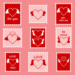 Stamps and postcards for lovers for letters, greetings and gifts. Pink and red stamps with hearts for couples