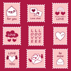 Stamps and postcards for lovers for letters, greetings and gifts. Pink cute stamps with hearts, letters and the word love for couples