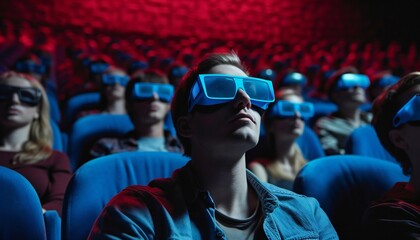 people in cinema wearing VR. people in a cinema wearing blue virtual glasses with special effects