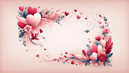 Pink banner, Valentine's Day, balloons, hearts, blank space for text
