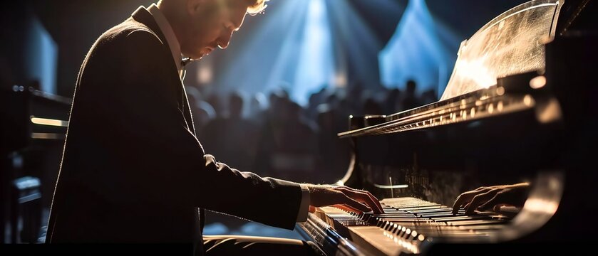 jazz pianist concert. Musician playing piano. Male pianist hands on piano keyboard