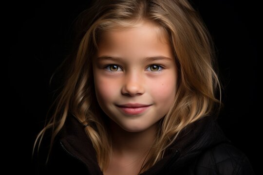 Portrait of a beautiful little girl on a black background. Studio shot.