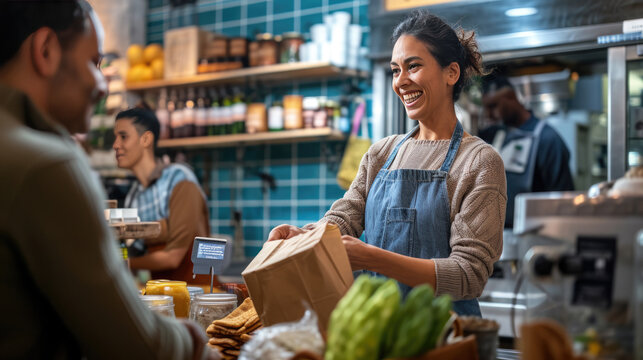 Cheerful woman wearing a denim apron over a cozy sweater, handing over a paper bag to a customer in a warmly lit, vibrant grocery store setting.