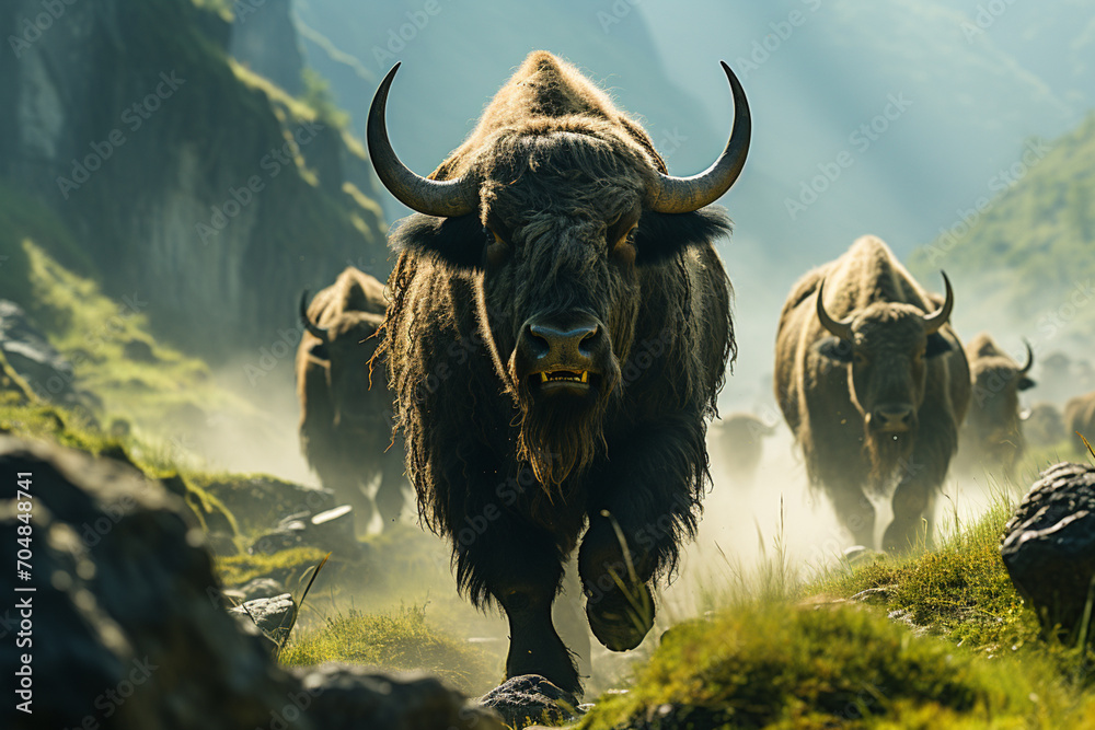 Poster buffalo hunters - rich range and green abstract shapes in a rounded form.