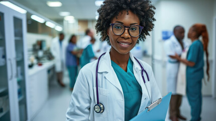 Smiling female doctor wearing a white lab coat with a stethoscope around her neck, holding a clipboard, standing in a busy hospital corridor with blurred healthcare professionals in the background.