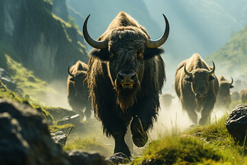 Buffalo hunters - Rich range and green abstract shapes in a rounded form.