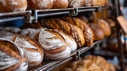  a bunch of loaves of bread sitting on a rack in front of a rack of loaves of bread. - obrazy, fototapety, plakaty