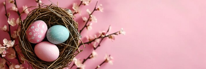blue and pink easter eggs in a nest with flowers isolated on pink background. for easter add - obrazy, fototapety, plakaty