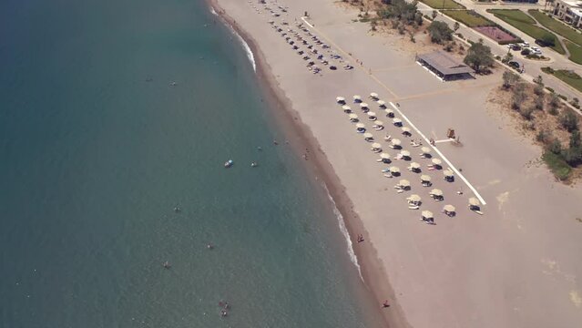 Drone footage of Plakias beach in Plakias village on the south coast of the Greek island of Crete
