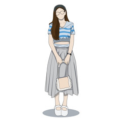 Fototapeta premium vector illustration of a beautiful slim woman standing with a tote bag. women with cute fashion
