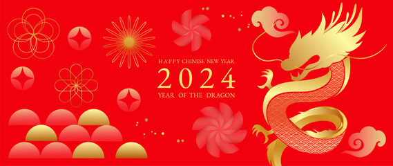 Happy Chinese new year background vector. Year of the dragon design wallpaper with dragon, flower, cloud, sparkle. Modern luxury oriental illustration for cover, banner, website, decor.