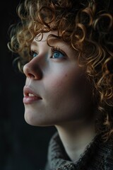curly haired woman. close-up portrait of green-eyed brunette curly woman. vertical orientation