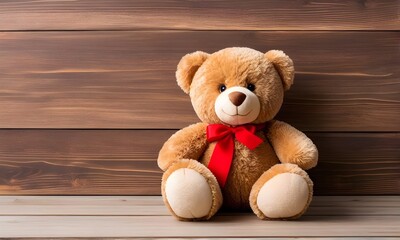 Brown teddy bear with red bow on wooden background. Copy space. Valentine's Day, birthday, or baby shower greeting card