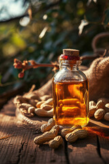 A glass bottle of peanut butter on a wooden table next to peanut seeds and foliage