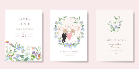 Pink Summer Flower Wedding Invitation set, floral invite thank you, rsvp modern card Design with cute mouse and watercolor flower decoration - obrazy, fototapety, plakaty