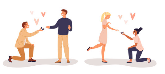 Gay guys and lesbian girls make love proposal. Homosexual relationship. LGBT family. Couple engagement. Young girlfriend and boyfriend on knees proposing wedding rings. Vector concept