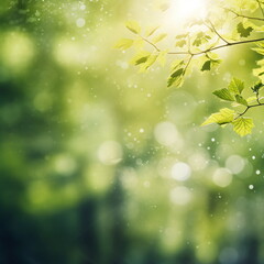Obraz na płótnie Canvas Morning Dew on Green Grass with Sunlight Filtering Through Trees