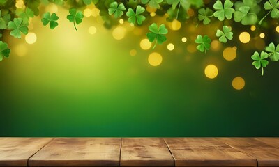 Empty wooden table mockup with defocused green and gold background, Image for display or montage your christmas products. Copy space, shamrock and golden glitter for Saint Patrick's Day designs. - obrazy, fototapety, plakaty