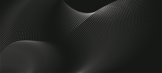 A dynamic particle waves within a halftone gradient create a fluid dot curve set on a black background for technology, sound, music. Dots and lines halftone illustration.