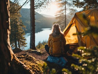 A camper enjoys a sunrise by the lake from the comfort of her tent in the wilderness.