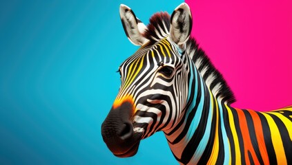 Fototapeta na wymiar Colorful zebra painted in rainbow colors on a bright background.