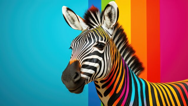 Colorful zebra painted in rainbow colors on a bright background.