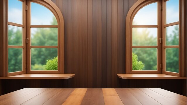 Empty wooden table and window room interior decoration background
