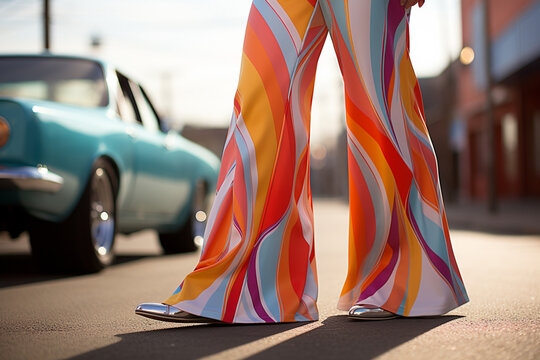 Stylized 1970s bell-bottoms and platform shoes in an abstract form.