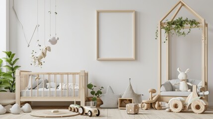 Stylish baby room with toys, wooden bed and mock up poster frame. Cute home decor. Scandinavian interior of a children's room - obrazy, fototapety, plakaty