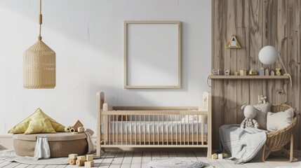 Fototapeta na wymiar Stylish baby room with toys, wooden bed and mock up poster frame. Cute home decor. Scandinavian interior of a children's room. --ar 16:9 --v 6 Job ID: fc30f838-1744-4551-a4f4-257977a7e9df